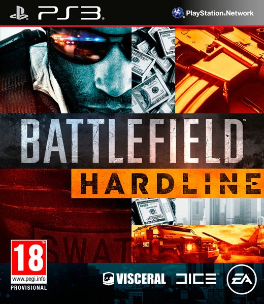 PlayStation 3 Battlefield Hardline van EA, voorlopige doos voorkant met man met zonnebril, geld en politieauto