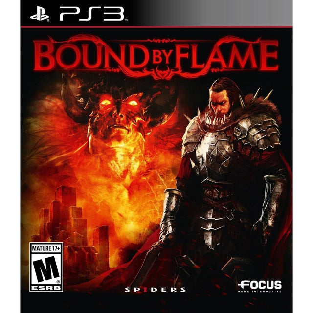 PlayStation 3 Bound by Flame van Focus, doos voorkant met krijger en vuurdemon, Amerikaanse ESRB-uitgave