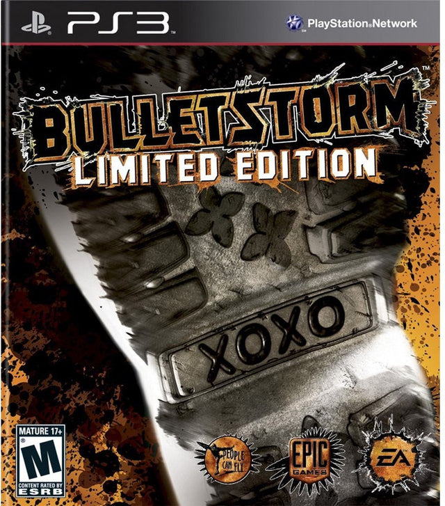 PlayStation 3 Bulletstorm Limited Edition, doos voorkant met een metalen handschoen met XOXO, ESRB-uitgave