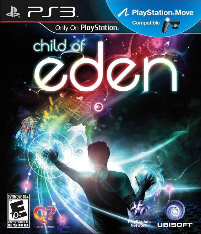 PlayStation 3 Child of Eden van Ubisoft, doos voorkant met figuur tussen lichtstralen, Amerikaanse ESRB-uitgave