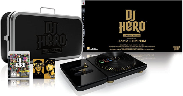 PlayStation 3 DJ Hero Renegade Edition van Activision, overzicht met draaitafel, draagkoffer, spel en doos