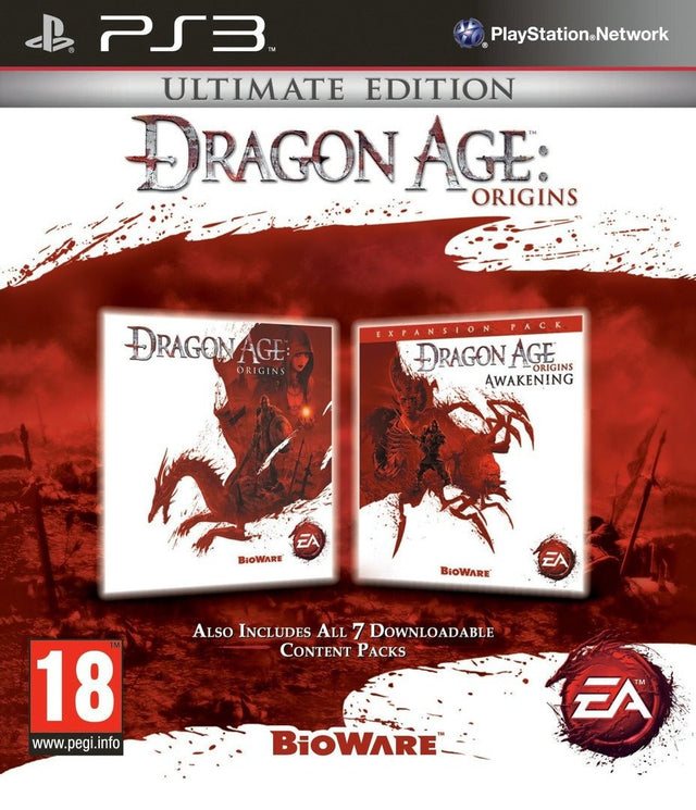 PlayStation 3 Dragon Age Origins Ultimate Edition van EA, rood-witte doos voorkant met Awakening erbij, tweedehands