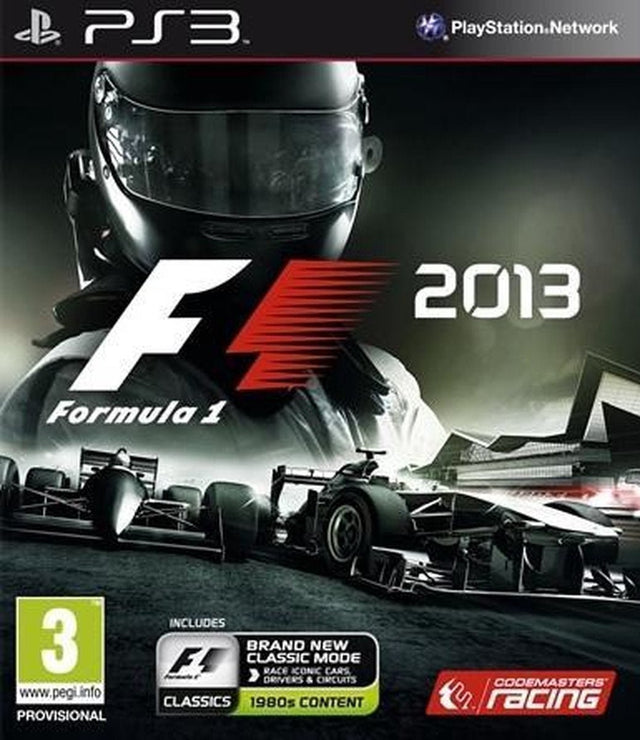 PlayStation 3 F1 2013 van Codemasters, voorlopige doos voorkant met Formule 1-wagens op het circuit