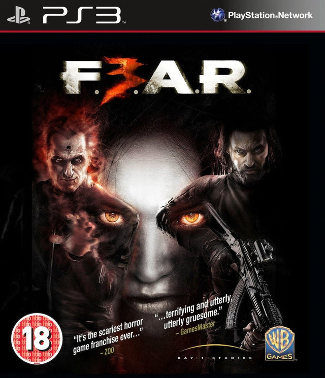 PlayStation 3 F.E.A.R. 3 van Warner Bros. Games, donkere doos voorkant met bleek gezicht, Britse BBFC-uitgave
