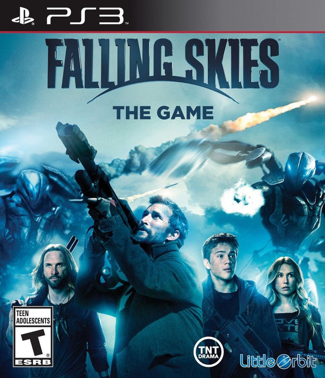 PlayStation 3 Falling Skies The Game van Little Orbit, blauwe doos voorkant met verzetsstrijders, Amerikaanse ESRB-uitgave