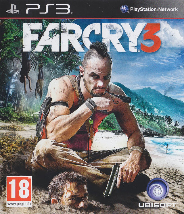 PlayStation 3 Far Cry 3 van Ubisoft, doos voorkant met man met hanenkam op het strand, tweedehands