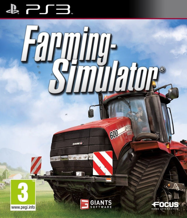 PlayStation 3 Farming Simulator van Focus Home Interactive, doos voorkant met rode Case IH-tractor op rupsbanden, tweedehands