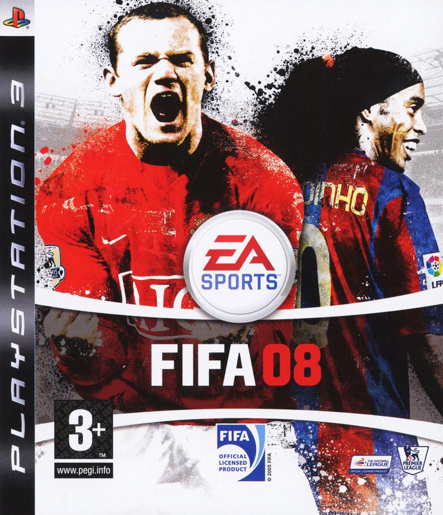 PlayStation 3 FIFA 08 van EA Sports, doos voorkant met twee juichende voetballers, tweedehands