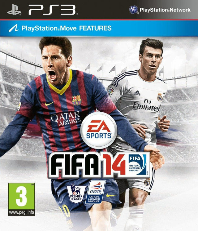 PlayStation 3 FIFA 14, doos voorkant met twee voetballers, tweedehands