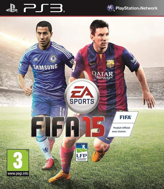 PlayStation 3 FIFA 15 van EA Sports, doos voorkant met twee voetballers, zonder editievermelding, Franse uitgave