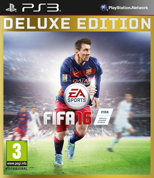 PlayStation 3 FIFA 16 Deluxe Edition, goudkleurige doos voorkant met een voetballer in Barcelona-shirt, voorlopige hoes