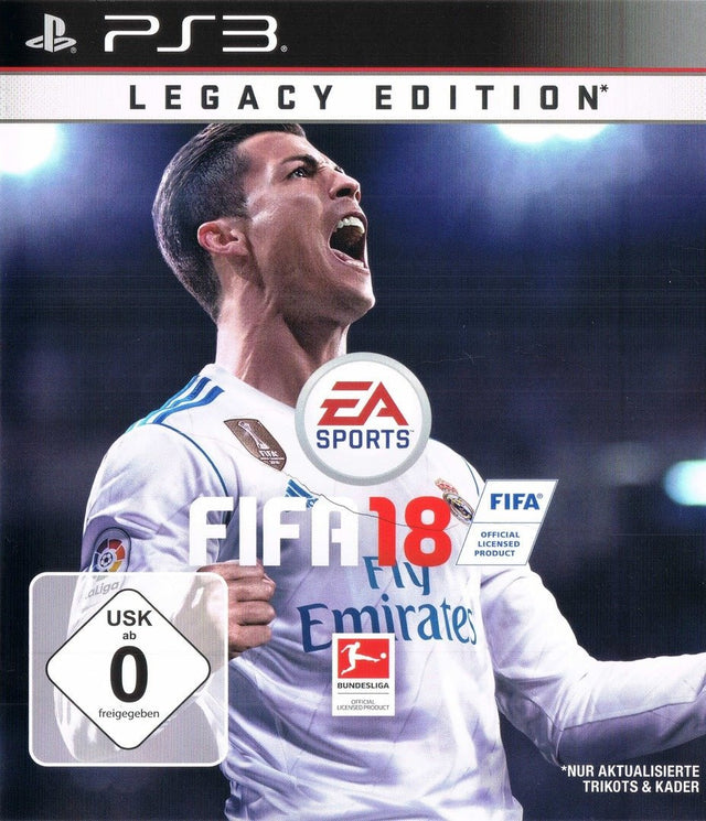 PlayStation 3 FIFA 18 Legacy Edition van EA Sports, doos voorkant met juichende voetballer in wit shirt, USK 0-label