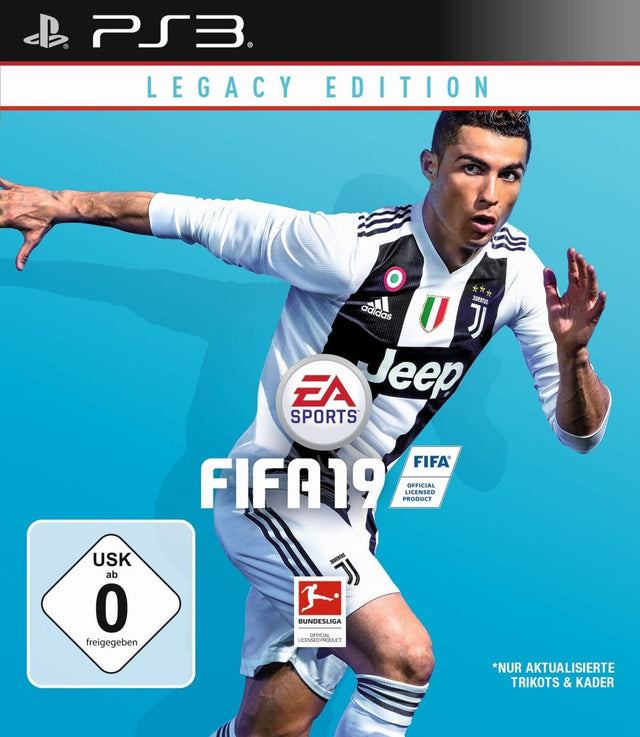 PlayStation 3 FIFA 19 Legacy Edition, blauwe doos voorkant met een voetballer in Juventus-shirt, Duitse uitgave met USK-logo
