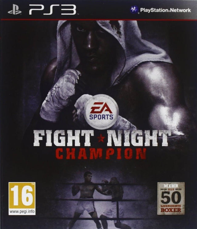 PlayStation 3 Fight Night Champion van EA Sports, donkere doos voorkant met bokser, Duitse tekst op de sticker