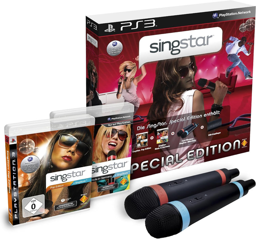 Playstation 3-SingStar Pop-editie en Volume 3 + Set Draadloze Microfoons (In doos) Tweedehands