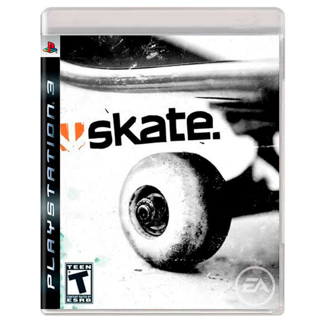 PlayStation 3 Skate van EA, witte doos voorkant met skateboardwiel, Amerikaanse ESRB-uitgave