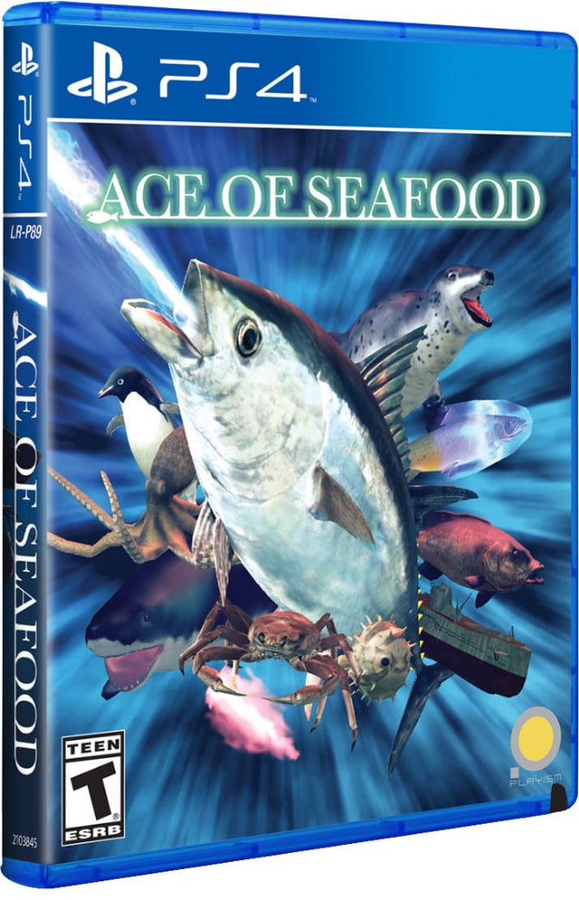 PlayStation 4 Ace of Seafood, doos voorkant met een tonijn tussen zeedieren, Amerikaanse ESRB-uitgave