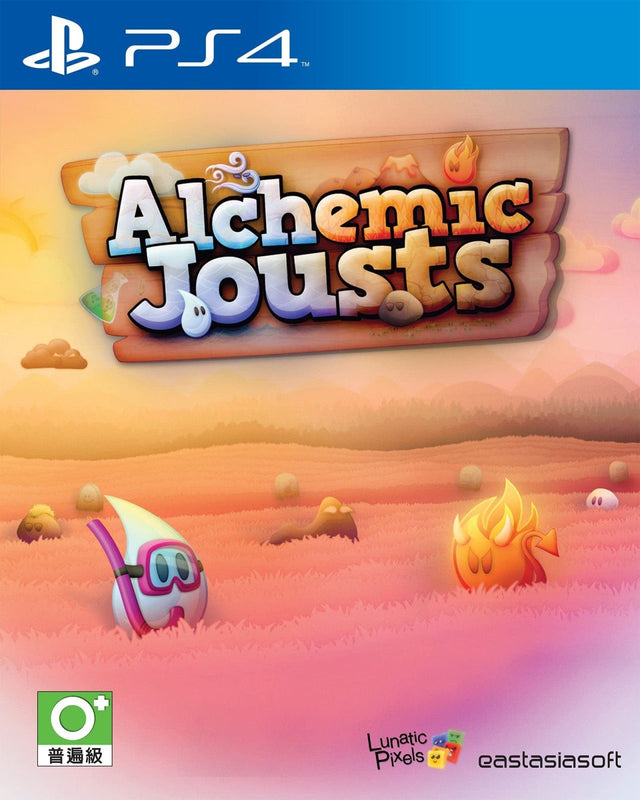 PlayStation 4 Alchemic Jousts, doos voorkant met kleurrijke titelletters boven een roze landschap, Aziatische uitgave