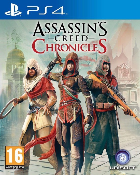PlayStation 4 Assassin's Creed Chronicles van Ubisoft, doos voorkant met Shao Jun, Arbaaz Mir en Nikolai Orelov, tweedehands