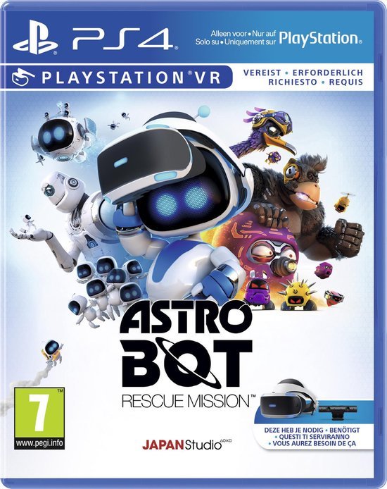 PlayStation 4 Astro Bot Rescue Mission, doos voorkant met robotje Astro met VR-bril, PlayStation VR vereist, tweedehands
