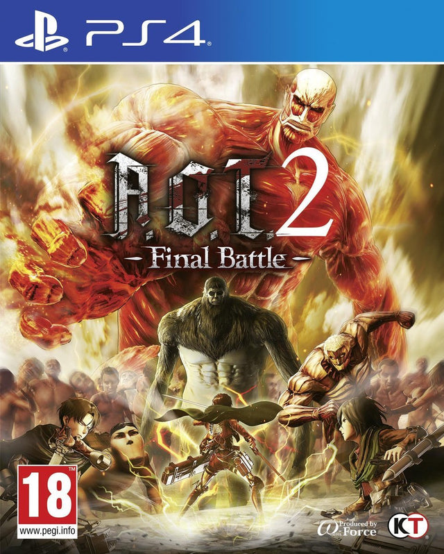 PlayStation 4 Attack on Titan 2 Final Battle van Koei Tecmo, doos voorkant met reuzen en strijders, tweedehands