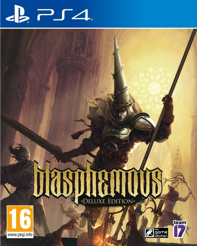 PlayStation 4 Blasphemous Deluxe Edition van Team17, doos voorkant met The Penitent One, tweedehands