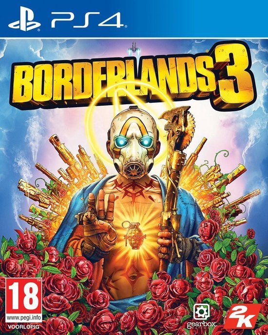 PlayStation 4 Borderlands 3 van 2K, voorlopige doos voorkant met gemaskerde figuur tussen rode rozen
