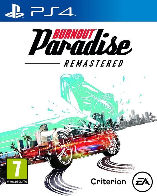 PlayStation 4 Burnout Paradise Remastered van EA, witte doos voorkant met rode sportauto, tweedehands