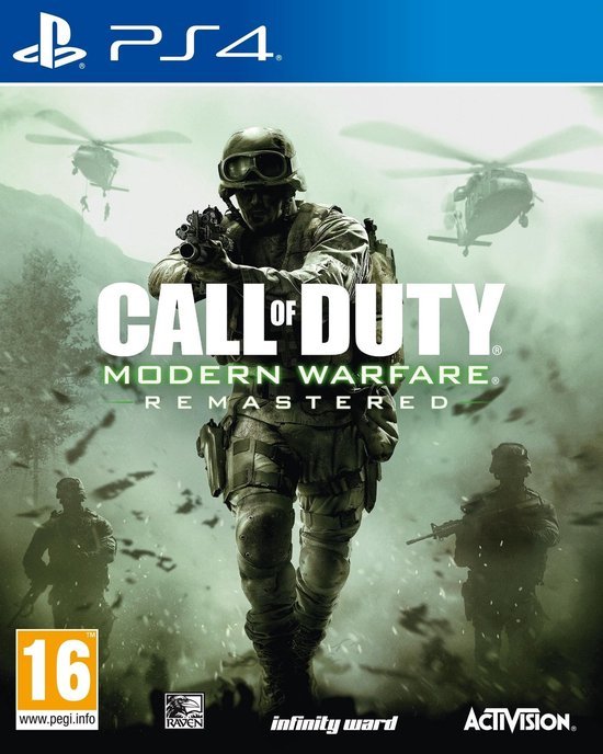 PlayStation 4 Call of Duty Modern Warfare Remastered van Activision, doos voorkant met soldaat en helikopters, tweedehands