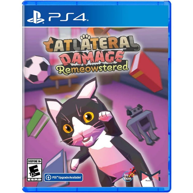 PlayStation 4 Catlateral Damage Remeowstered, doos voorkant met een zwart-witte kat en een voetbal, ESRB-uitgave