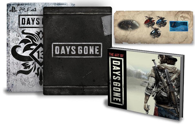 PlayStation 4 Days Gone Special Edition, overzicht van de inhoud met steelbook, artbook en een kaart met emblemen