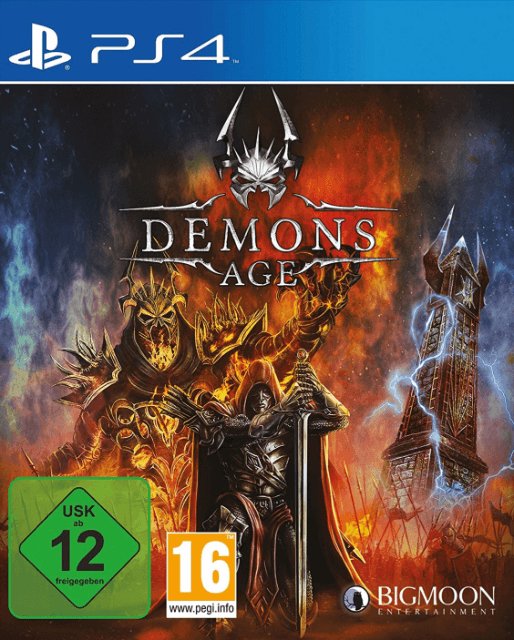 PlayStation 4 Demons Age van Bigmoon, doos voorkant met ridder in harnas voor vuur, USK 12-label