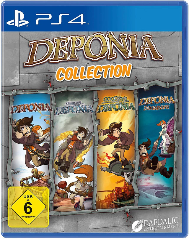 PlayStation 4 Deponia Collection van Daedalic, doos voorkant met de vier delen, USK-logo, tweedehands