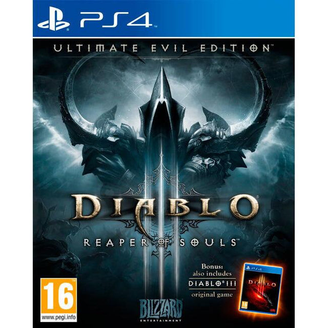 PlayStation 4 Diablo III Reaper of Souls Ultimate Evil Edition, doos voorkant met een gehoornde duivelskop