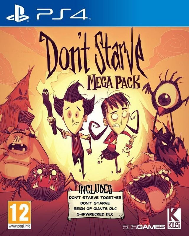 PlayStation 4 Don't Starve Mega Pack, doos voorkant met Wilson, Willow en monsters