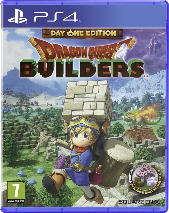 PlayStation 4 Dragon Quest Builders van Square Enix, doos voorkant van de Day One Edition met held die blokken draagt