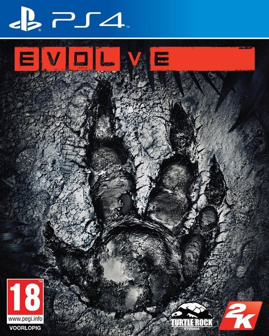 PlayStation 4 Evolve van 2K, voorlopige doos voorkant met grote pootafdruk in de grond