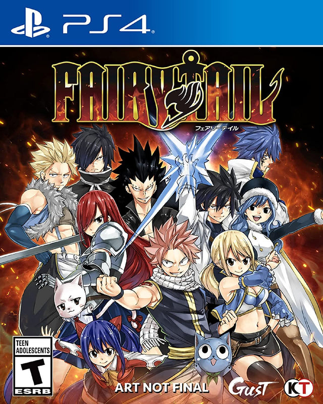 PlayStation 4 Fairy Tail van Gust en Koei Tecmo, voorlopige ESRB-doos voorkant met een groep helden, tweedehands