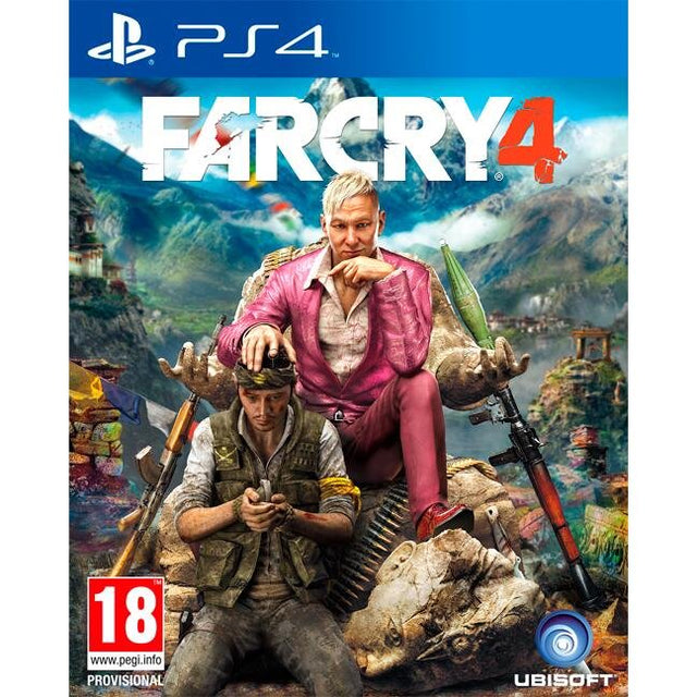 PlayStation 4 Far Cry 4 van Ubisoft, voorlopige doos voorkant met man in roze pak op een beeld