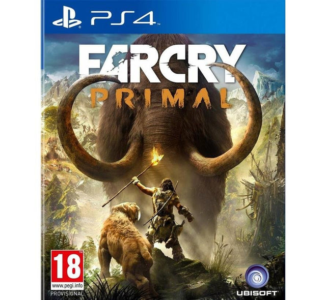 PlayStation 4 Far Cry Primal van Ubisoft, voorlopige doos voorkant met jager, mammoet en sabeltandtijger