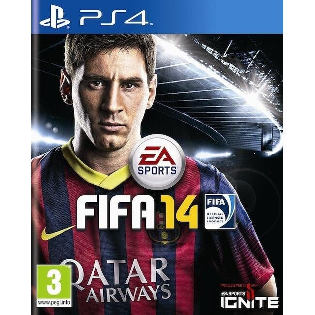 PlayStation 4 FIFA 14 van EA Sports, doos voorkant met voetballer in rood-blauw shirt, tweedehands