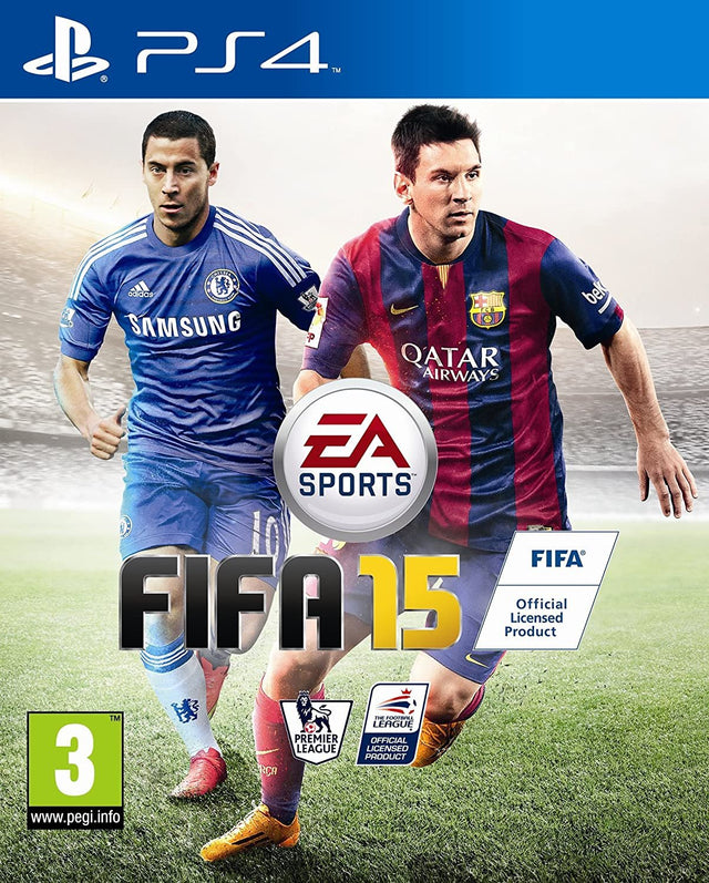 PlayStation 4 FIFA 15 van EA Sports, doos voorkant met voetballers in blauw en rood-blauw shirt, tweedehands