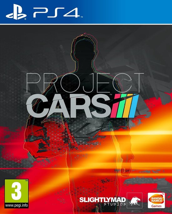 PlayStation 4 Project Cars van Bandai Namco, grijze doos voorkant met silhouet van een coureur, tweedehands