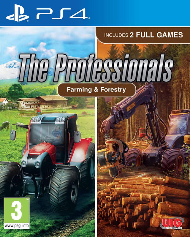 PlayStation 4 The Professionals Farming & Forestry, twee spellen, doos voorkant met tractor en houtoogstmachine, tweedehands