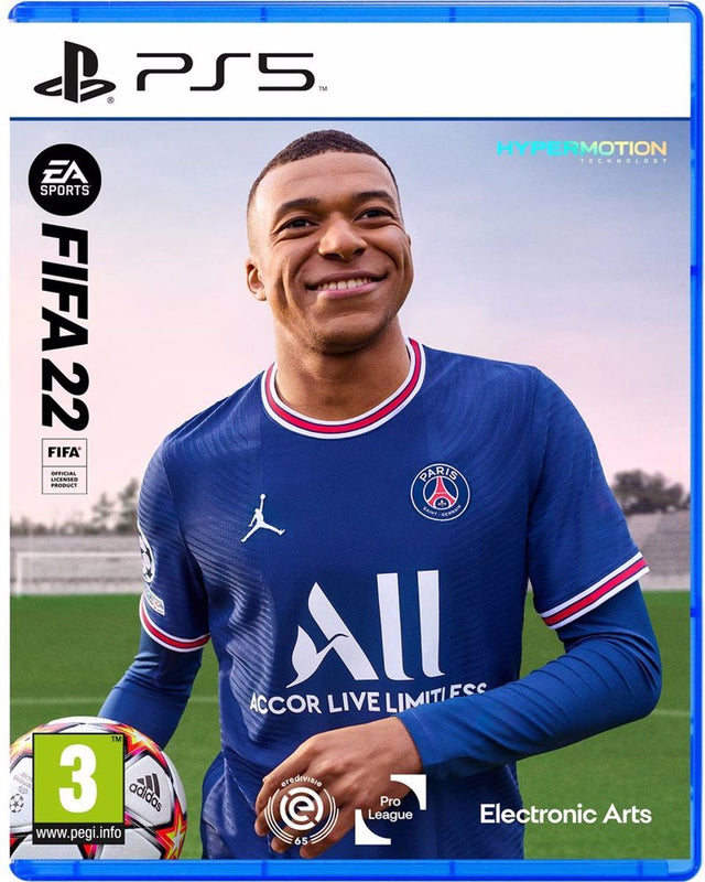PlayStation 5 FIFA 22, doos voorkant met Kylian Mbappé in een PSG-shirt