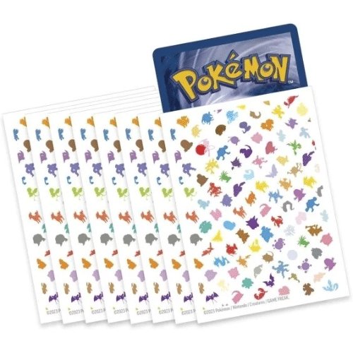 Pokémon 151 sleeves 65 stuks, kaarthoezen met gekleurde Pokémon-silhouetten en een kaart erin