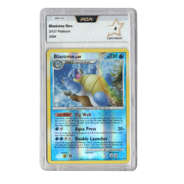 Pokémon kaart Blastoise Reverse Holo Platinum 2/127 Engels, voorkant in PCA-houder, label toont cijfer 4 Light played