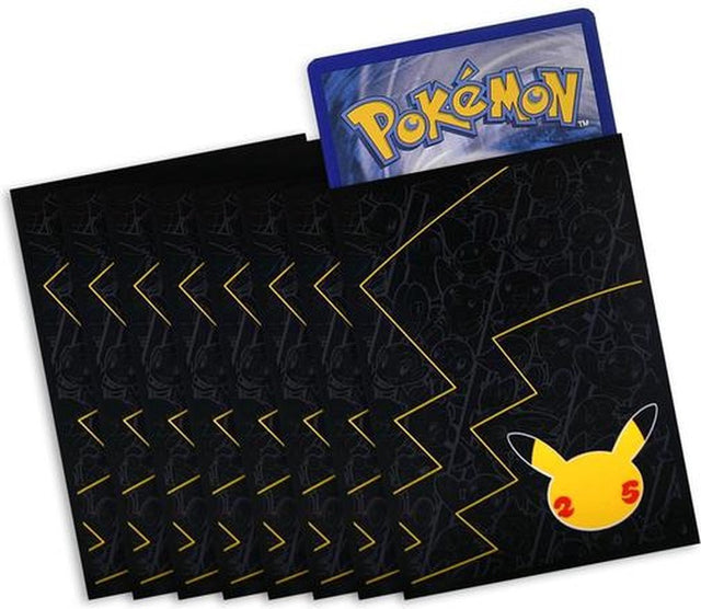Pokémon Celebrations kaarthoezen 65 stuks, zwart met 25 jaar Pikachu-logo, waaier met een kaart erin