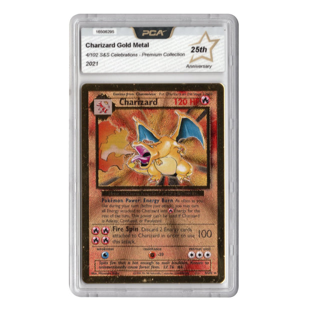Pokémon kaart Charizard Gold Metal Celebrations 4/102 Engels, goudkleurige metalen kaart in PCA-houder, 25th Anniversary