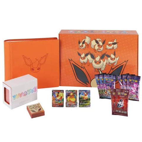 Pokémon TCG Flareon Eevee GX Gift Box, Chinese uitgave, overzicht van de inhoud met doos, boosterpacks, kaarten en deckbox